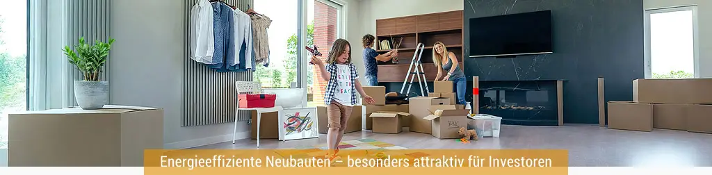 Foto: Familie im Eigenheim – Neubaufinanzierung Kapitalanlage – KfW-Förderung & attraktive Zinsen für Vermögensaufbau