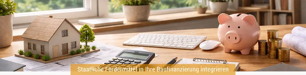 Foto: Immobilienfinanzierung | Schreibtisch - Bildheadline: Staatliche Fördermittel in Ihre Baufinanzierung integrieren